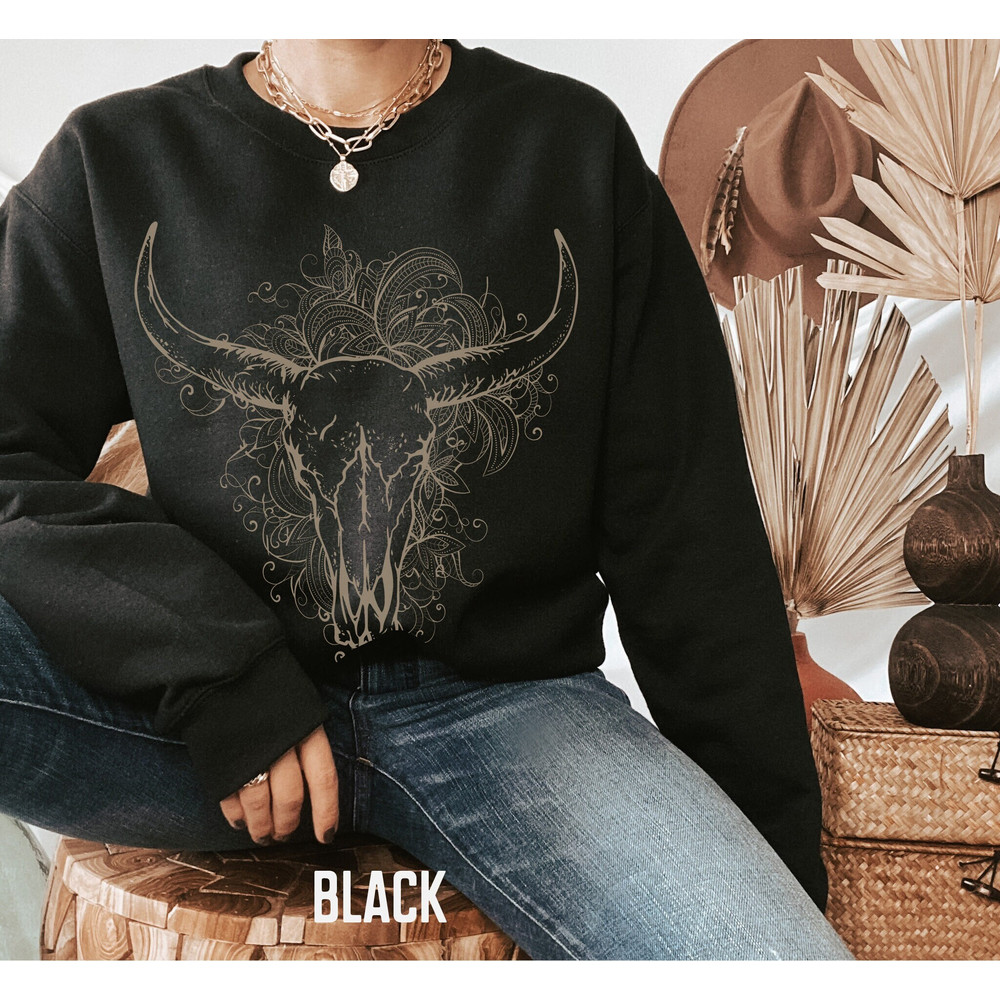 Boho Bull Skull Sweatshirt, Country Shirts, Flower Longhorn Skull Hoodie, Cowgirl Shirt, Wild West Shirt, Western Shirt, Country Gifts.jpg