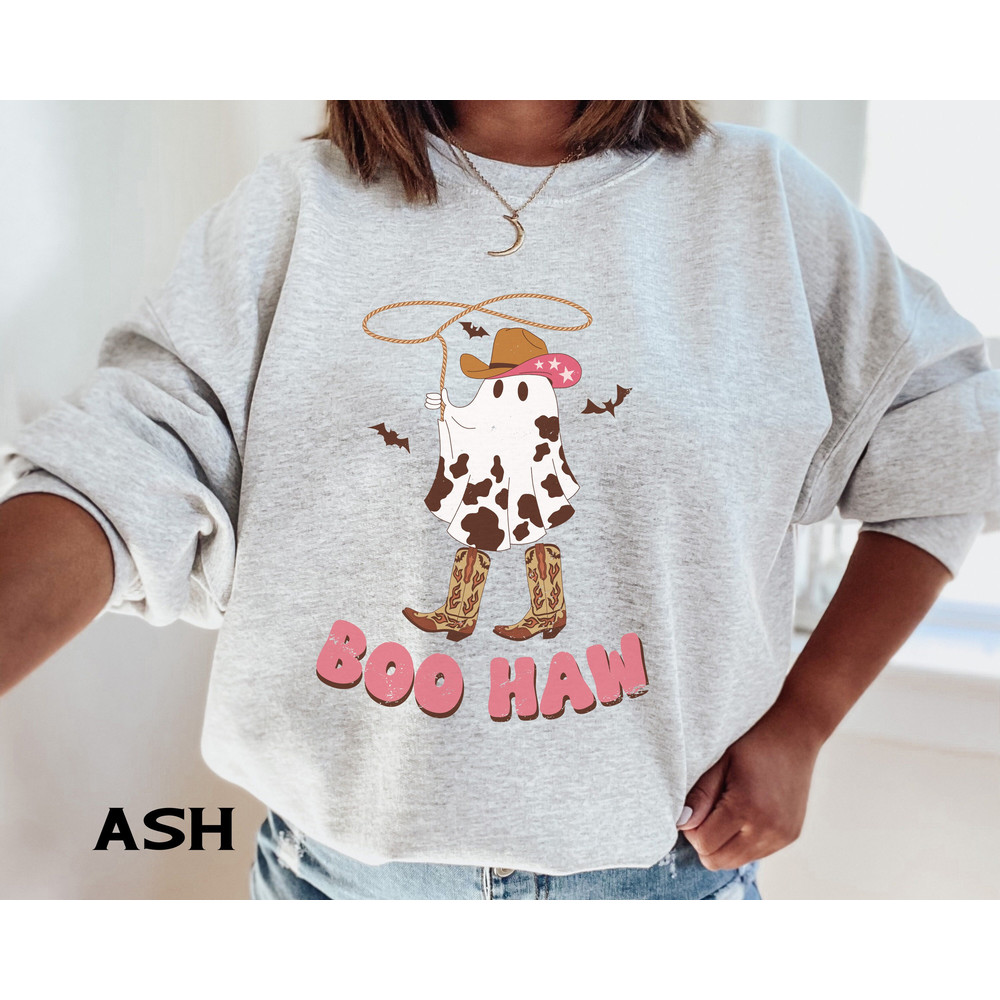 Boo Haw Western Halloween Sweatshirt, Spooky Halloween Ghost Hoodie, Womens Cute Ghost Cowboy Boots Vintage Halloween Sweater.jpg