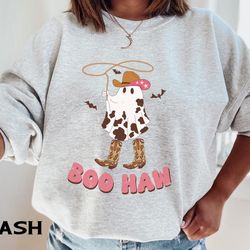 boo haw western halloween sweatshirt, spooky halloween ghost hoodie, womens cute ghost cowboy boots vintage halloween sw