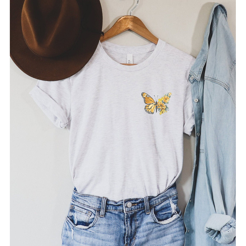 Butterfly Shirt, Sunflower Shirt, Womens Graphic Shirt, Spring Summer Tee for Women, Watercolor Butterfly Flower Tee, Aesthetic Shirt.jpg
