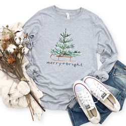 christmas shirts for women, merry and bright shirt, christmas long sleeve shirt, christmas tree shirt, holiday shirts, w