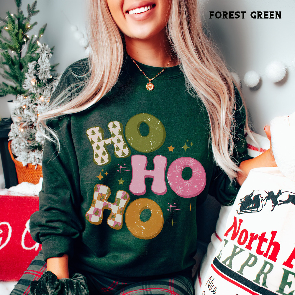 Christmas Sweatshirt for Women, Ho Ho Ho Christmas Hoodie, Retro Christmas Sweater, Vintage Style Holiday Crewneck, Festive Party Sweater 1.jpg