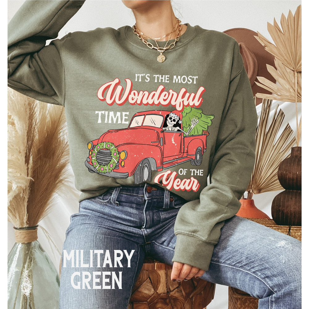 Christmas Sweatshirt for Women, Most Wonderful Time Christmas Skeleton Hoodie, Vintage Truck Christmas Sweater, Retro Holiday Crewneck 1.jpg