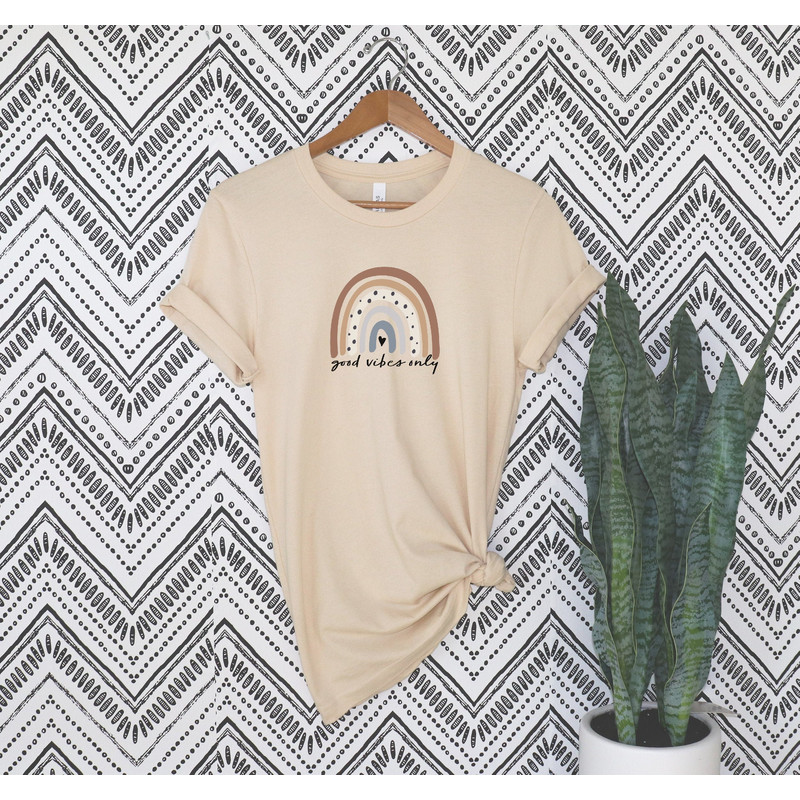 Women's Graphic T Shirt, Good Vibes Only Tee, Boho Rainbow Inspirational Shirt, Neutral Color Rainbow, Mom shirt, Mama shirt, Gift for mom.jpg