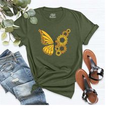butterfly sunflower shirt, casual women floral butterfly t-shirt, flowers graphic shirts, cute butterfly shirt, nature l