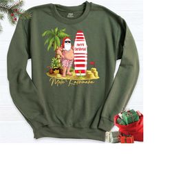 mele kalikimaka hawaii christmas long sleeve shirt, surf santa sweatshirt, festive holiday party shirts, santa claus tro