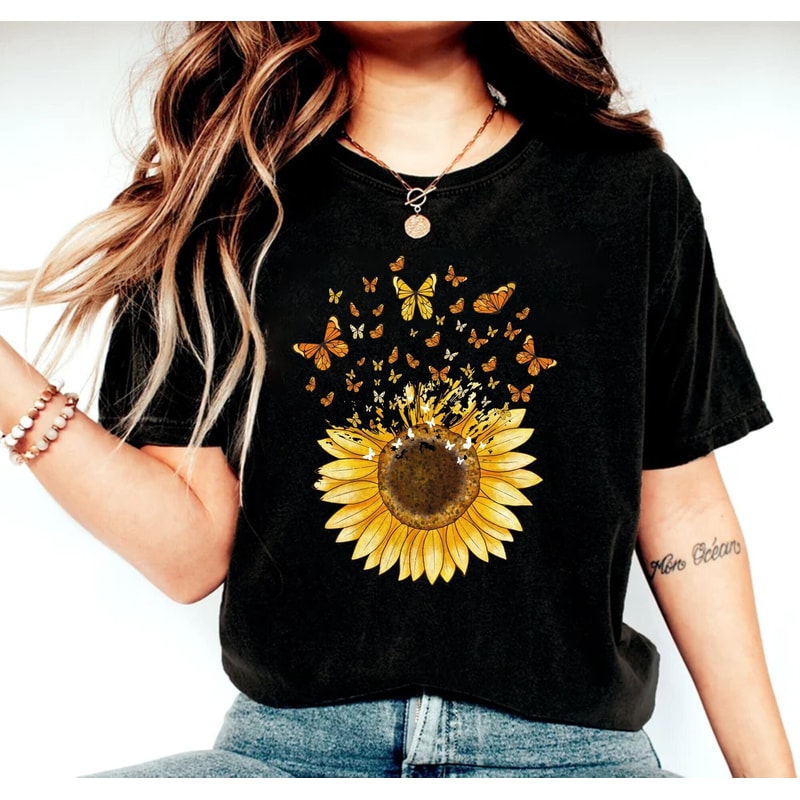 Sunflower Butterfly Shirt, Butterfly Tee, Mothers Day Gift Shirt, Sunflower Shirt, Floral Tshirt, Flowers Gift T-shirt, Botanical Tee,Flower.jpg