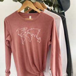 travel shirt, airplane t shirt, world map tee, travel gift, travel long sleeve, adventure explore wanderlust long sleeve