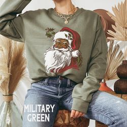 vintage black santa christmas sweatshirt for women, retro christmas crewneck sweater, christmas pjs matching family holi