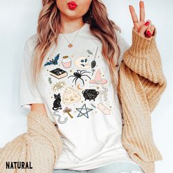 vintage halloween doodles shirt,  halloween things tee, witch, planchette, skull, cat, bat, snake tshirt, spooky season