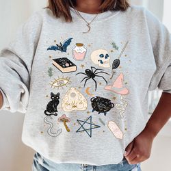 vintage halloween doodles sweatshirt, halloween things hoodie, witch, planchette, skull, cat, bat spooky season shirt, f