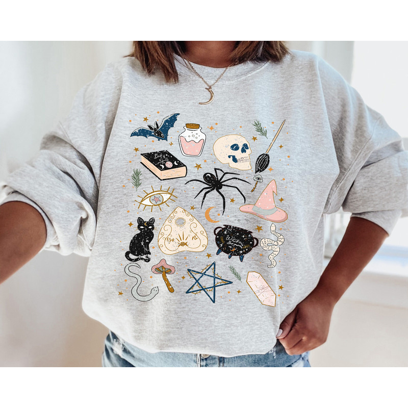 Vintage Halloween Doodles Sweatshirt, Halloween Things Hoodie, Witch, Planchette, Skull, Cat, Bat Spooky Season Shirt, Fall Sweatshirt.jpg
