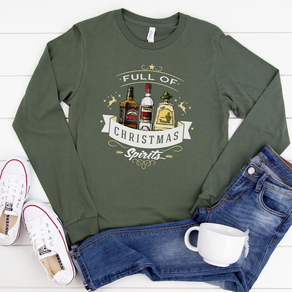 Whiskey Vodka Tequila T Shirt, Funny Christmas Long Sleeve Shirt, Christmas Drinking Tee, Full of Christmas Spirit Tee, Christmas Party Tee.jpg