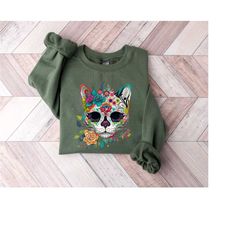 day of the dead sweatshirt, cat sugar skull shirt, dia de los muertos sweater, sugar skull crewneck