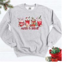 christmas merry and bright sweatshirt, xmas coffee latte long sleeve, women christmas sweatshirt, christmas coffee hoodi