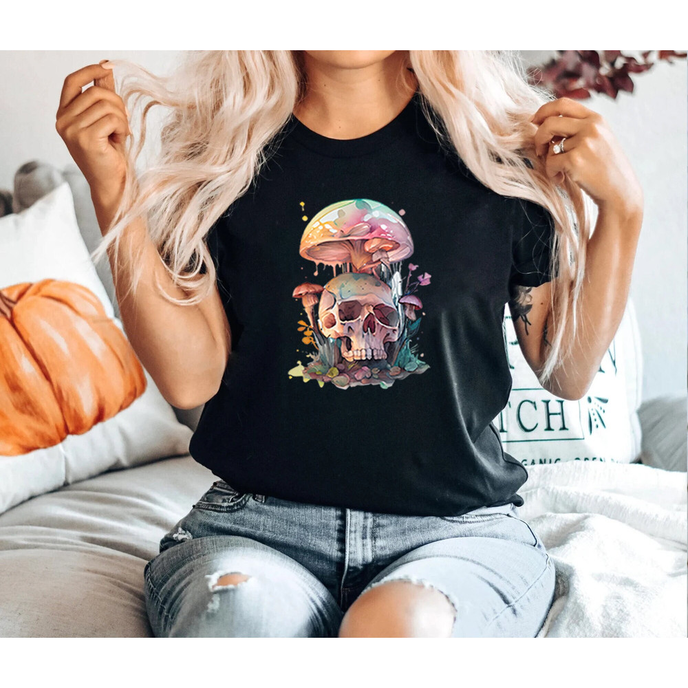 Mushroom Shirt, Halloween Mushroom Skull Shirt, Hippie Shirt, Decor Art Shirt, Plant Shirt, Nature Shirt, Gift For Her, Vintage Plant Shirt.jpg