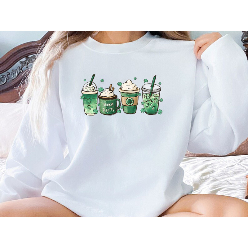 St Patricks Day Coffee Shirt, Womens Cute St Patty's Day Shirt, Lucky Latte Green Shirt, Irish Shamrock Clover shirt, Women St Patrick's Tee.jpg