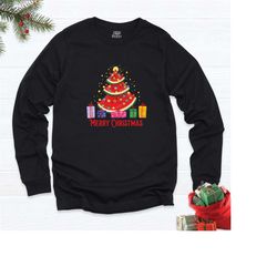 christmas in july watermelon long sleeve, summer vacation outfit, lights watermelon tropical christmas tree hoodie, hawa