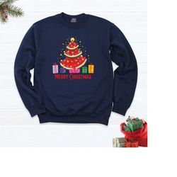 christmas in july watermelon sweatshirt, lights watermelon tropical christmas tree hoodie, summer vacation outfit, hawai