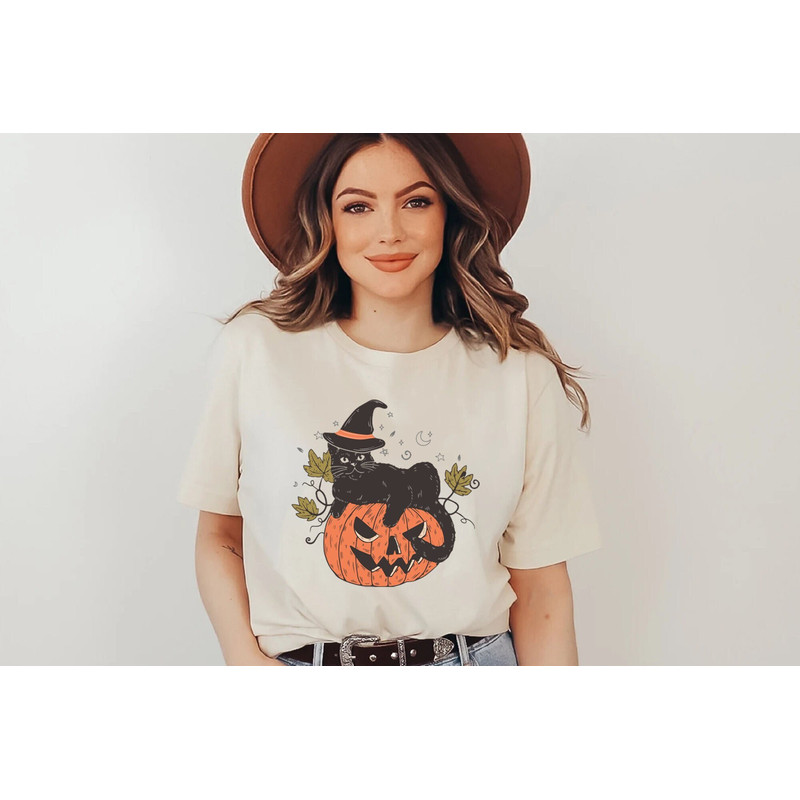 Black Cat on Pumpkin Shirt, Pumpkin shirt Shirt, For fall, Black Cat Shirt, Halloween Black Cat Design, Halloween Gifts for Cat Owner.jpg