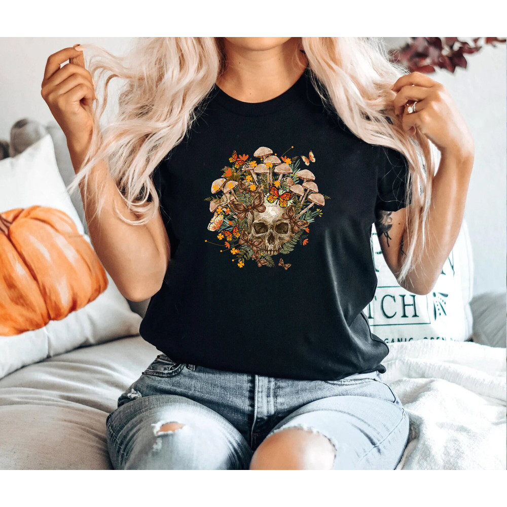 Bloom Skull Shirt, Mushroom Shirt, Halloween Shirt, Mushroom And Skull, Floral Skull Shirt, Womens Fall Shirts, Flower Skull Skeleton Shirt.jpg