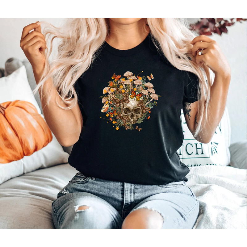 Bloom Skull Shirt, Mushroom Shirt, Halloween Shirt, Mushroom And Skull, Floral Skull Shirt, Womens Fall Shirts, Flower Skull Skeleton Shirt.jpg