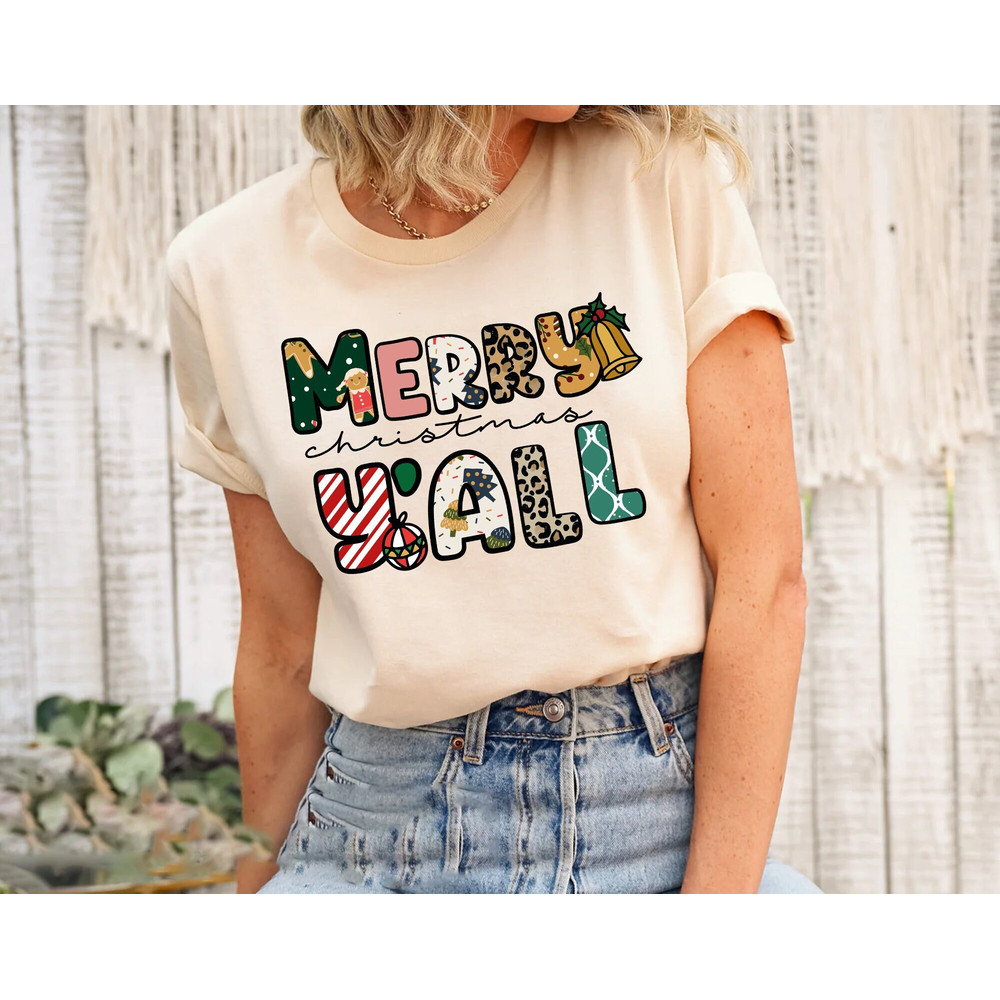 Christmas Women Shirt, Leopard Print Christmas Shirt, Merry Christmas Y'all Shirt, Holiday Shirt, Cute Christmas Tee, Christmas Gift for Her.jpg