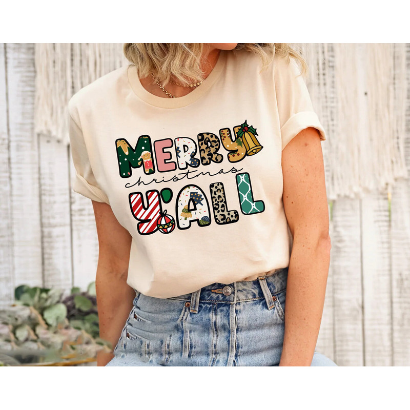 Christmas Women Shirt, Leopard Print Christmas Shirt, Merry Christmas Y'all Shirt, Holiday Shirt, Cute Christmas Tee, Christmas Gift for Her.jpg
