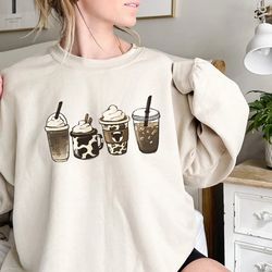 cow coffee mug sweatshirt, coffee cup shirt, but first coffee, coffee latte lover gift, iced coffee shirt, womens crewne