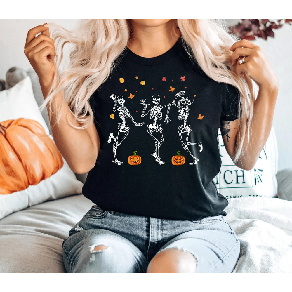 Dancing Skeleton Sweatshirt, Pumpkin Shirt, Skeleton And Pumpkin Sweatshirt For Halloween, Fall Shirt, Funny Halloween Shirt, Skeleton Shirt.jpg