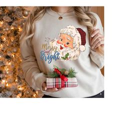 merry and bright santa sweatshirt, retro santa sweatshirt, vintage santa sweatshirt, cute santa shirt, santa co shirt, c