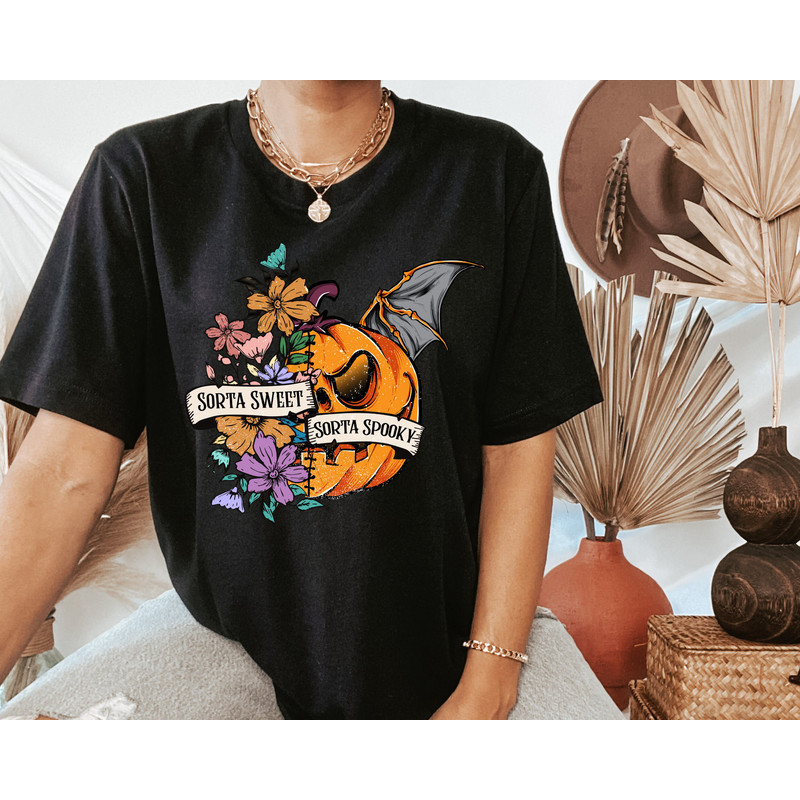 Sorta Sweet Sorta Spooky Shirt, Spooky Season Shirt, Flower Pumpkin Shirt, Halloween Party Shirt, Halloween Gifts, Halloween Shirt.jpg