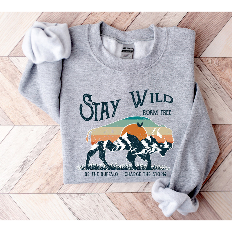 Stay Wild Buffalo Apparel, Retro Bison Outfit, Wild Animals Clothes, Western Shirt, Cool Mountain T-Shirt, Charge The Storm Clothing.jpg