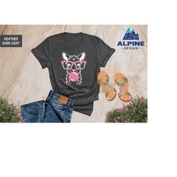 llama with glasses and bubble gum t-shirt, funny animal lover shirt, cool llama shirt for women, cute llama tee , llama