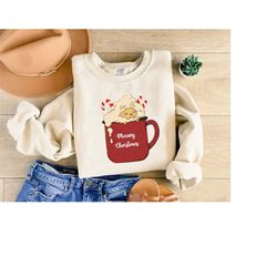 christmas cute cat sweatshirt, meowy christmas shirt, cute meow tee, cat lover gift, coffee cups sweater, cat mom crewne
