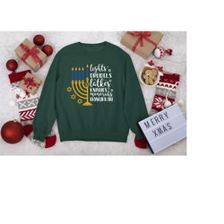hanukkah menorah sweatshirt, hanukkah gifts, jewish women tee, hanukkah lights shirt, dreidels crewneck, menorah sweater