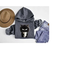 angry cat coffee sweatshirt, grumpy cat sweatshirt, black cat hoodie, coffee lover hoodie, funny cat sweatshirt, cat cof