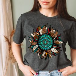western turquoise leopard sunflower t-shirt, women's casual shirt, southwest country shirt