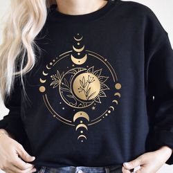 mystic moon and sun sweatshirt, mystical moon phase sweater, moon phase sun sweatshirt, boho celestial moon sweatshirt,