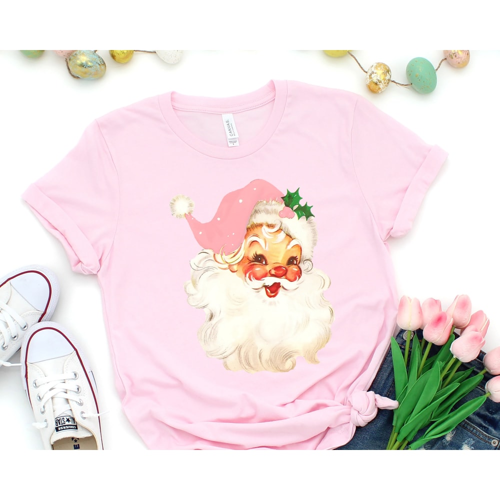 Pink Christmas Santa Shirt, Retro Pink Santa Hat Shirt, Classic Christmas Santa Shirt, Vintage Santa Graphic Shirt, Holiday Shirt, Chtistmas.jpg