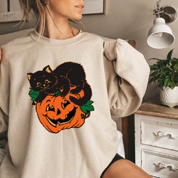 pumpkin and black cat sweatshirt, pumpkin sweatshirt, halloween cat shirt, vintage halloween sweatshirt , pumpkin hallow