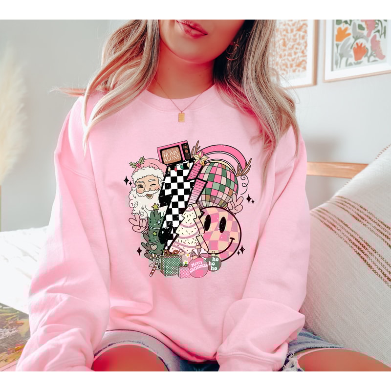 Retro Pink Santa Sweatshirt, Pink Christmas Santa Sweatshirt, Classic Christmas Santa, Vintage Santa Graphic Sweatshirt, Holiday Sweatshirt.jpg