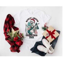rocking around the christmas tree shirt, christmas skeleton shirt, christmas tree rock shirt, retro christmas music shir