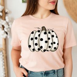polka dot white pumpkin shirt, fall shirt for her, cute fall shirts, autumn shirt for thanksgiving shirt, womens fall sh