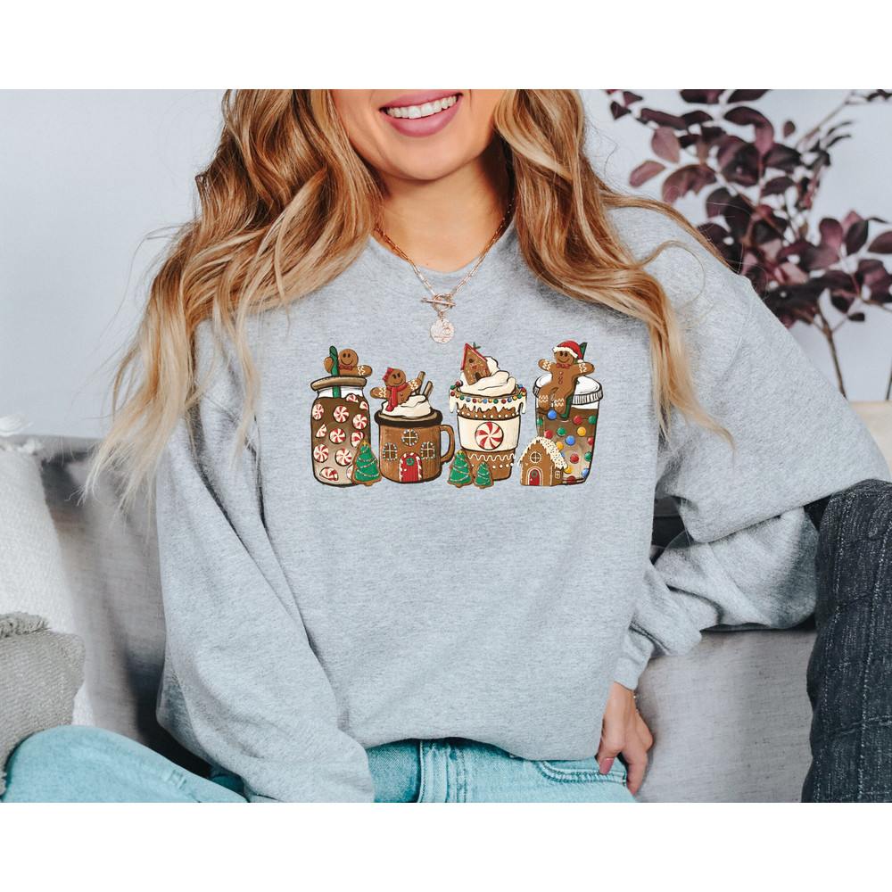 Gingerbread Christmas Coffee Sweatshirt, Christmas Coffee Sweatshirt, Coffee Lover Gift, Latte drink Crewneck,Women Holiday Sweater,Xmas Tee 1.jpg