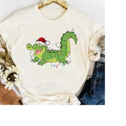 santa tick-tock the crocodile christmas light t-shirt, disney peter pan xmas tee, mickey's very merry magic kingdom fami