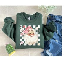 watercolor santa sweatshirt, womens christmas gift, retro santa claus shirt, pink santa sweater, christmas checkered cre