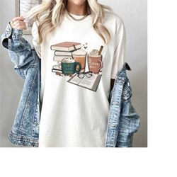 comfort colors coffee and bookish t-shirt, cinnamon coffee t-shirt, first coffee shirt, book lover shirt, gift for coffe