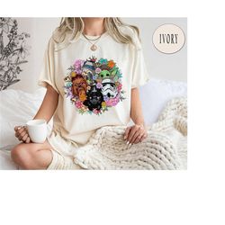comfort colors retro flower star wars characters shirt, stormtrooper, darth vader, disney trip shirt, grogu, chewbacca,
