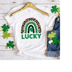 lucky rainbow st. patricks day t-shirt, st patty day leopard shirt, leaf clover shirt, saint patricks day tshirt, lucky